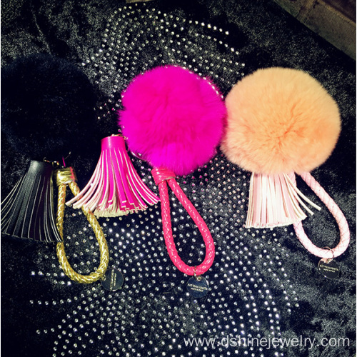 Leather Tassel Pendant Rabbit Pom Pom Ball Keyring For Woman